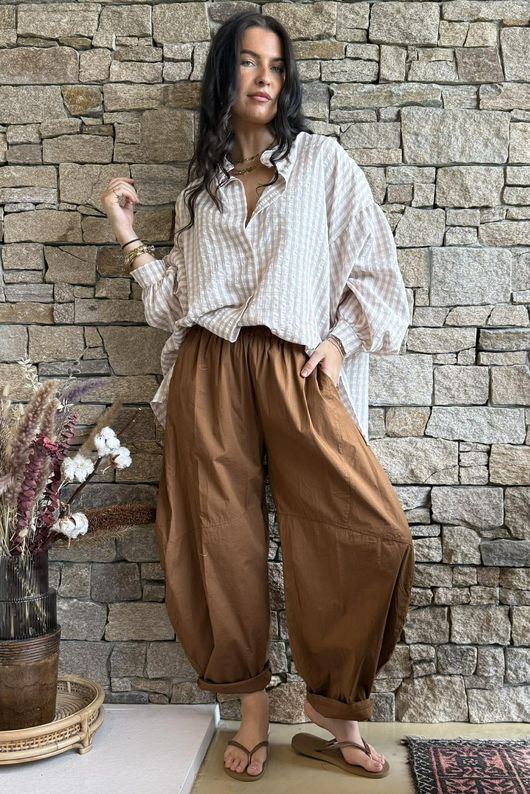 Ginny Gingham Balloon Sleeve Blouse Latte